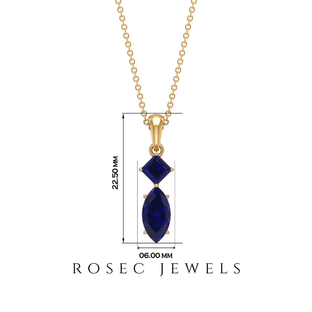 1 CT Two Stone Pendant Necklace with Lab Created Blue Sapphire