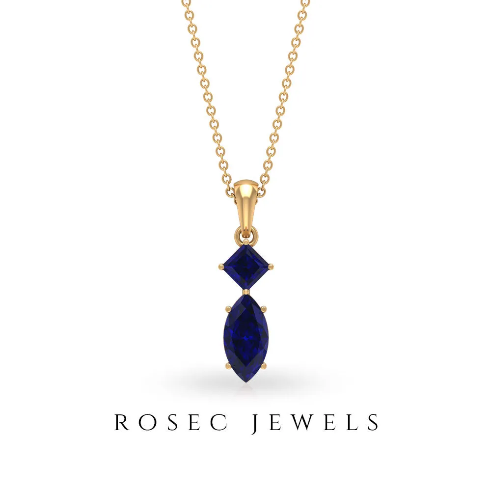 1 CT Two Stone Pendant Necklace with Lab Created Blue Sapphire