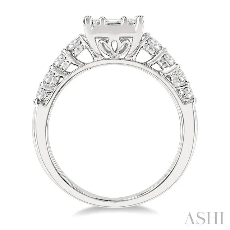 1 ctw Fusion Baguette and Round Cut Diamond Engagement Ring in 14K White Gold