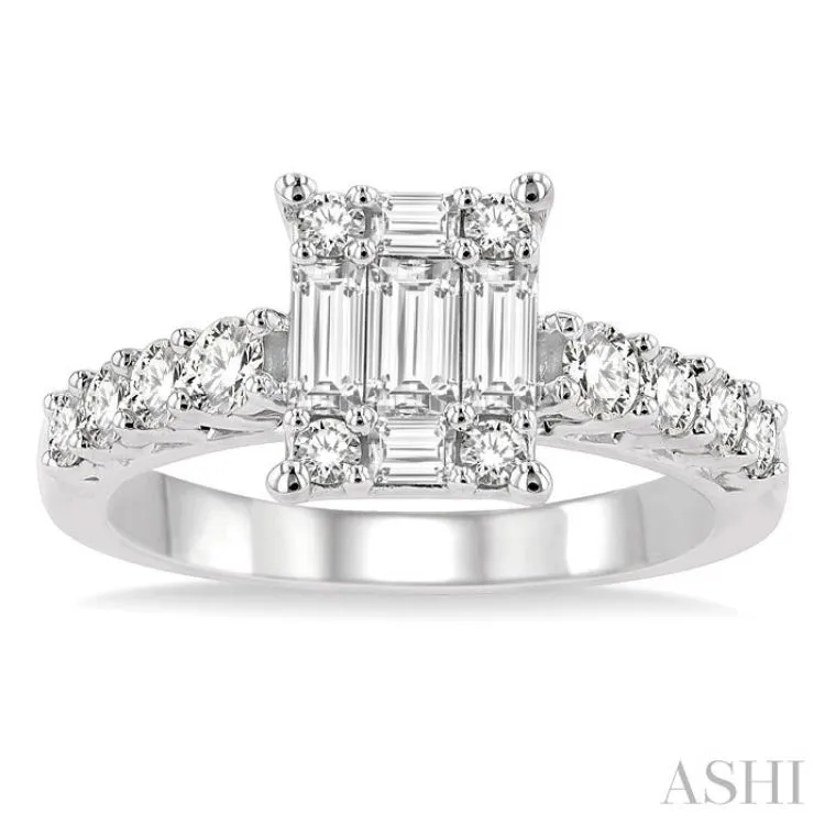 1 ctw Fusion Baguette and Round Cut Diamond Engagement Ring in 14K White Gold