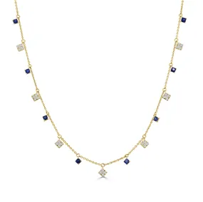 14K Gold Diamond & Princess Cut Sapphire Necklace