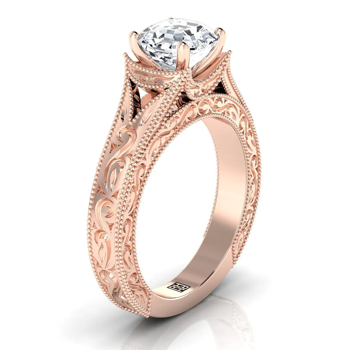 14K Rose Gold Asscher Cut  Hand Engraved and Milgrain Vintage Solitaire Engagement Ring