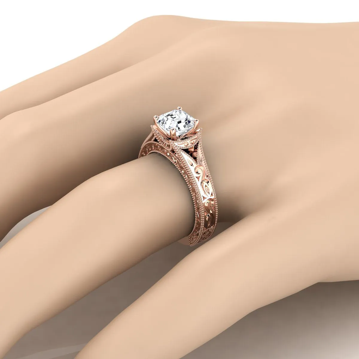 14K Rose Gold Asscher Cut  Hand Engraved and Milgrain Vintage Solitaire Engagement Ring