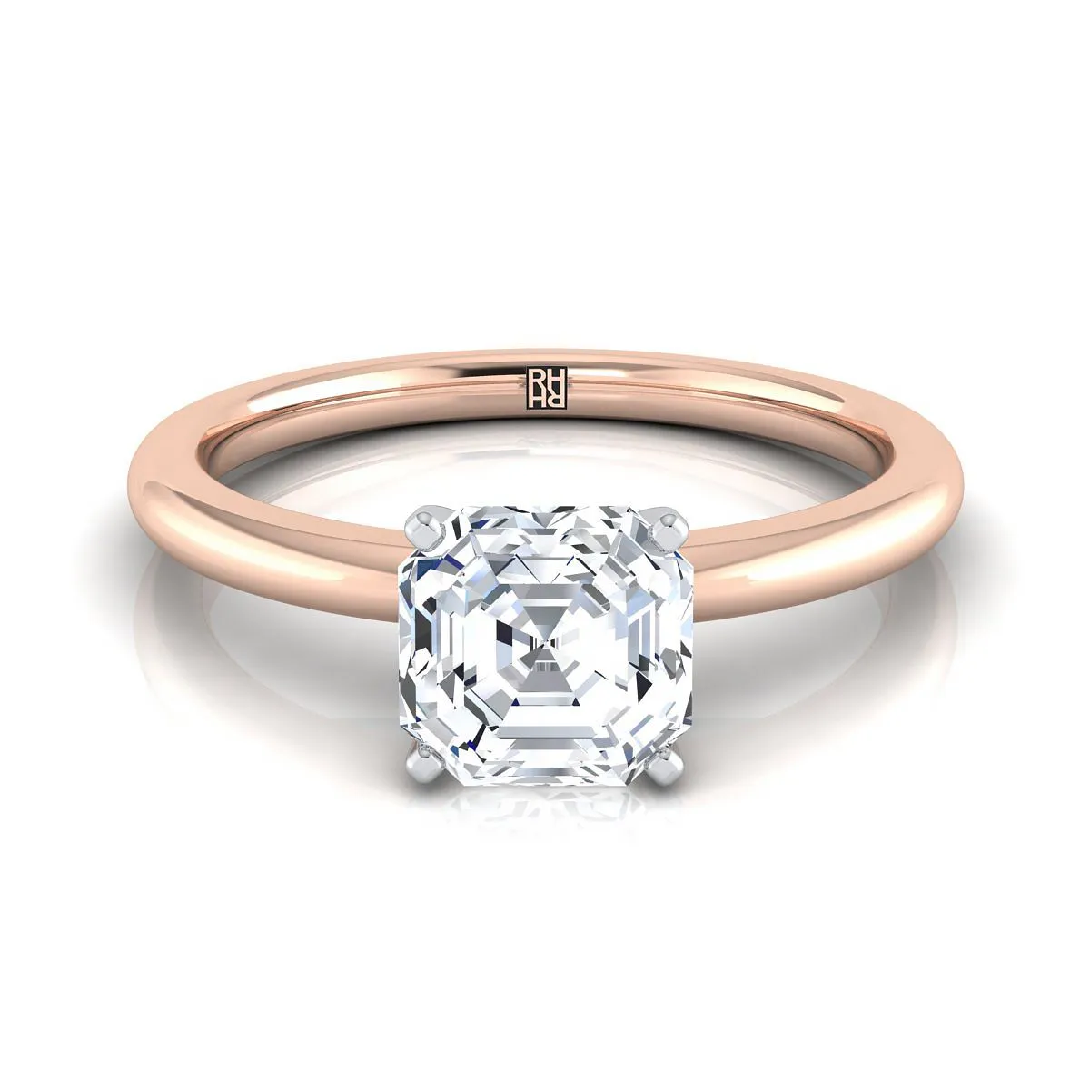 14K Rose Gold Asscher Cut  Round Comfort Fit Claw Prong Solitaire Engagement Ring