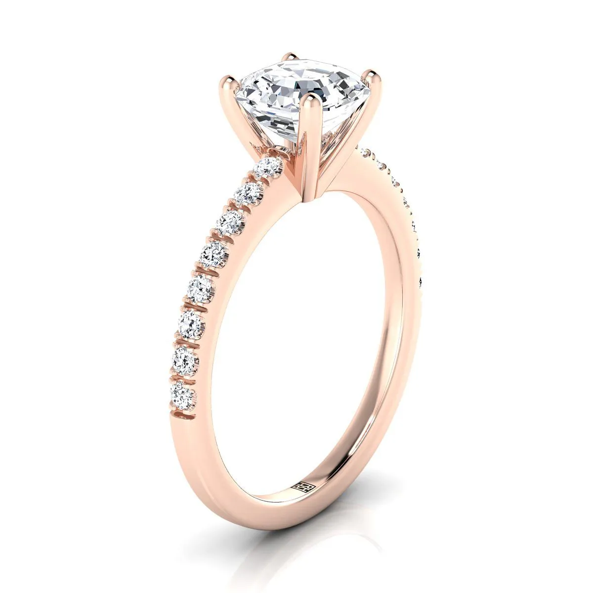 14K Rose Gold Asscher Cut Simple Linear Diamond Pave Engagement Ring -1/5ctw