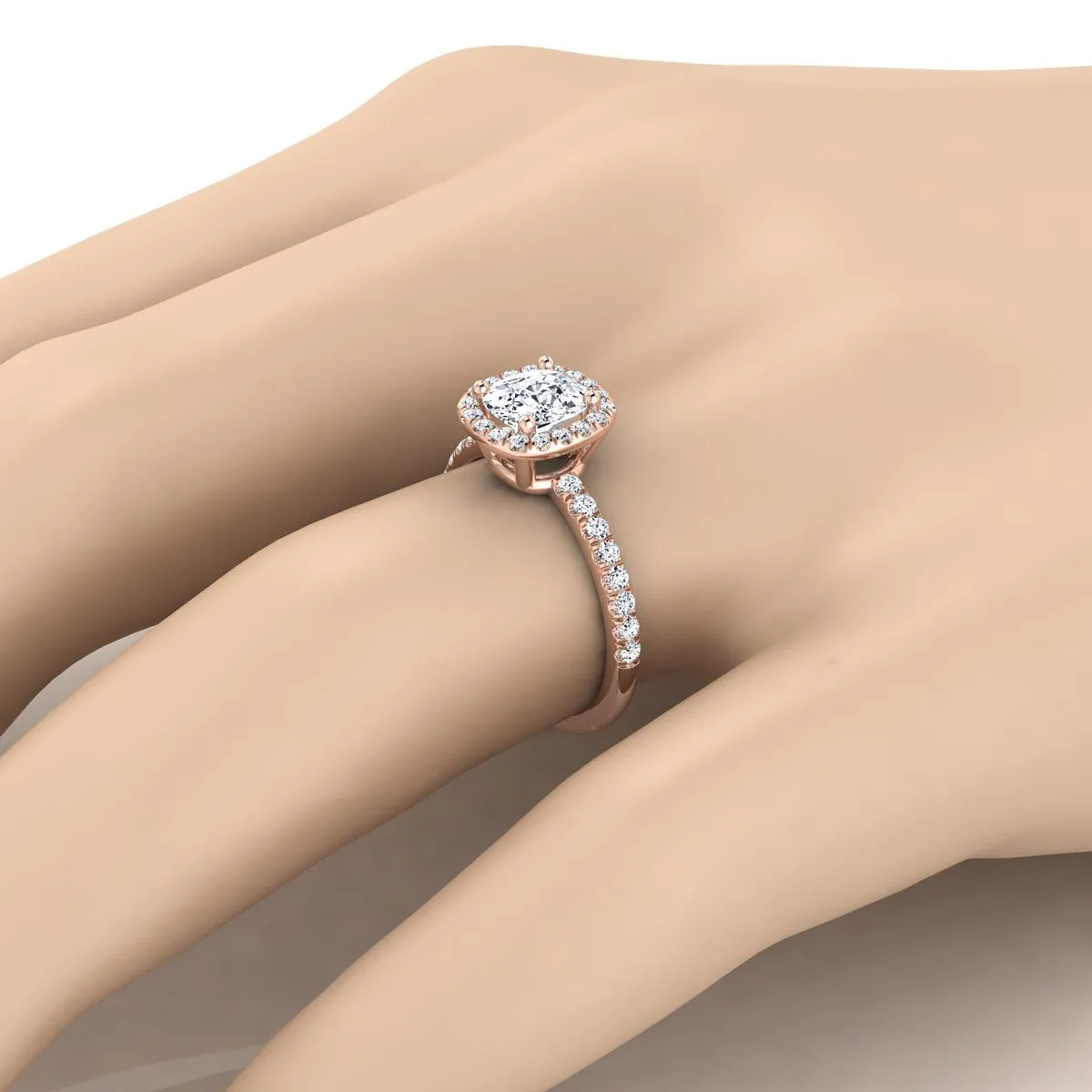 14K Rose Gold Cushion Classic Halo Linear Diamond Engagement Ring -1/3ctw