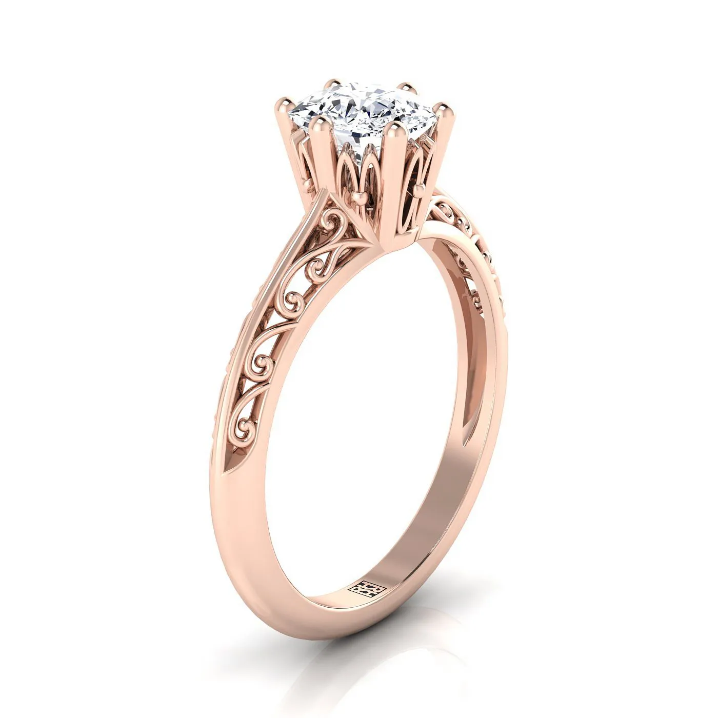 14K Rose Gold Cushion  Delicate Vintage Scroll Cut Out Solitaire Engagement Ring