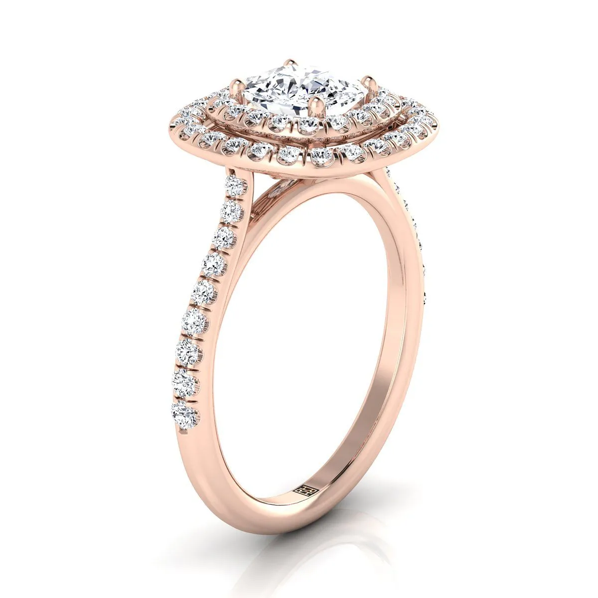 14K Rose Gold Cushion Diamond Double Halo Scalloped Pavé Engagement Ring -1/2ctw