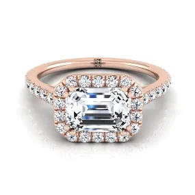 14K Rose Gold Emerald Cut Diamond Horizontal Fancy East West Halo Engagement Ring -1/2ctw