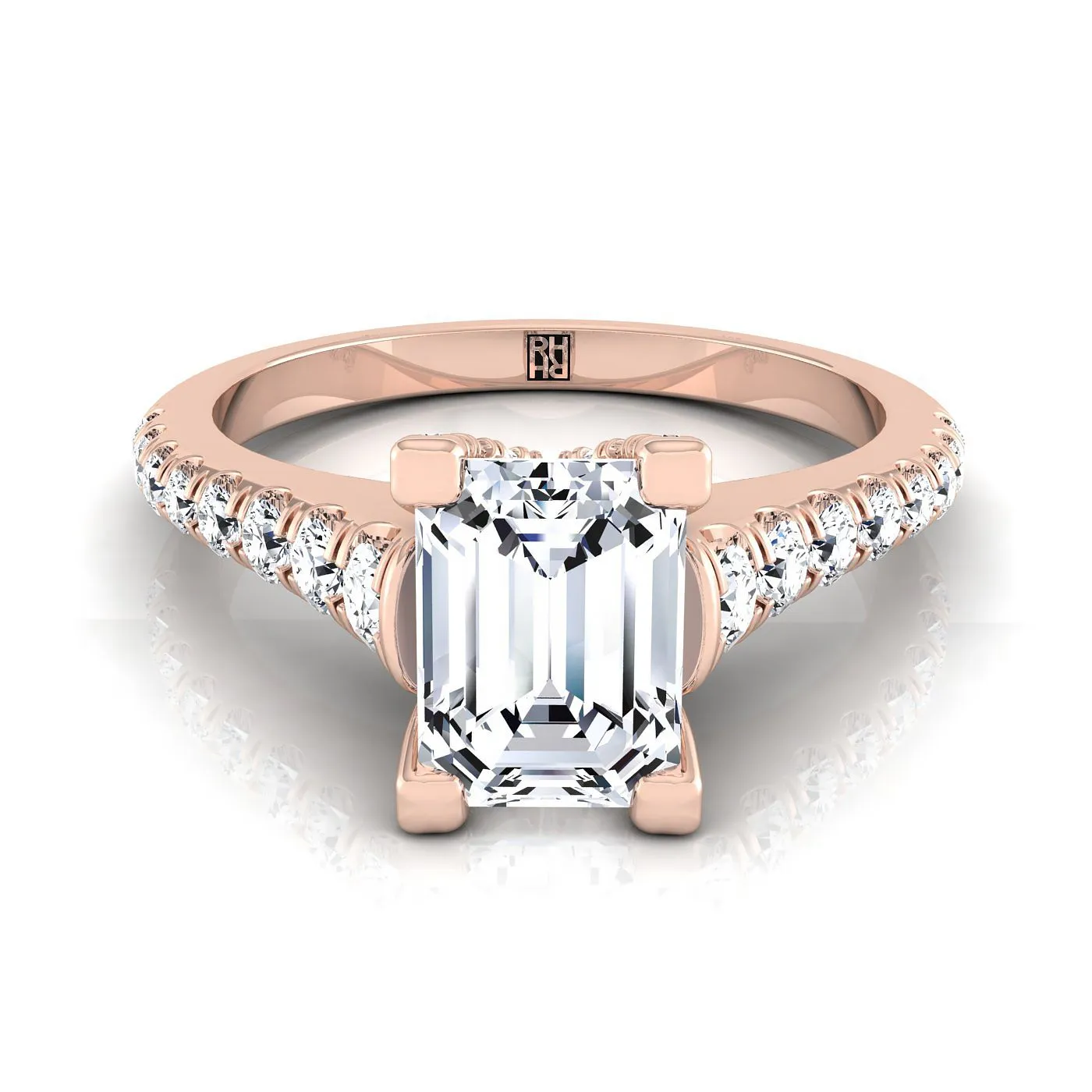 14K Rose Gold Emerald Cut Diamond Pave Prong Linear Engagement Ring -1/2ctw