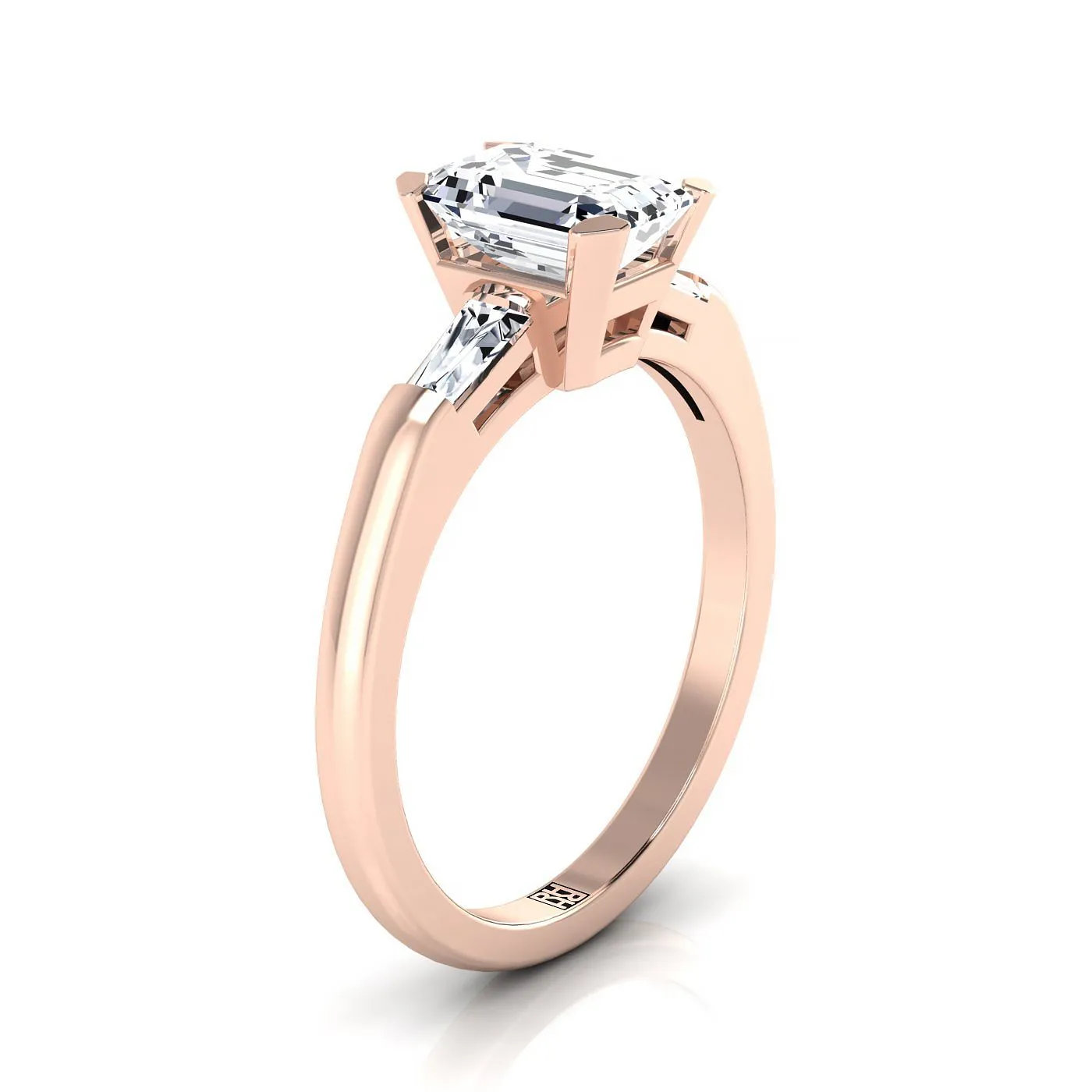 14K Rose Gold Emerald Cut Diamond Three Stone Tapered Baguette Engagement Ring -1/5ctw