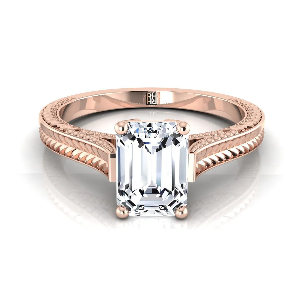 14K Rose Gold Emerald Cut  Hand Engraved Vintage Cathedral Style Solitaire Engagement Ring