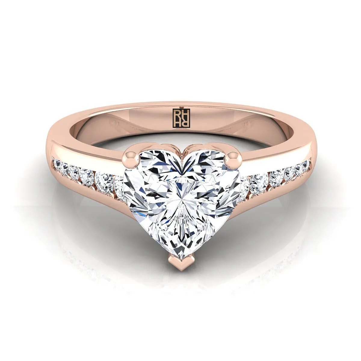 14K Rose Gold Heart Shape Center Contemporary Tapered Diamond Channel Engagement Ring -1/6ctw