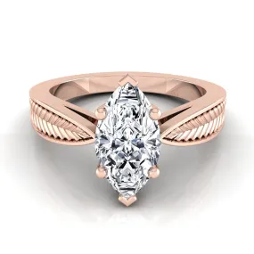 14K Rose Gold Marquise  Vintage Inspired Leaf Pattern Pinched Solitaire Engagement Ring