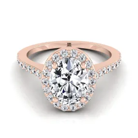 14K Rose Gold Oval Classic French Pave Diamond Halo and Linear Engagement Ring -1/3ctw