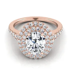 14K Rose Gold Oval Diamond Double Halo Scalloped Pavé Engagement Ring -1/2ctw