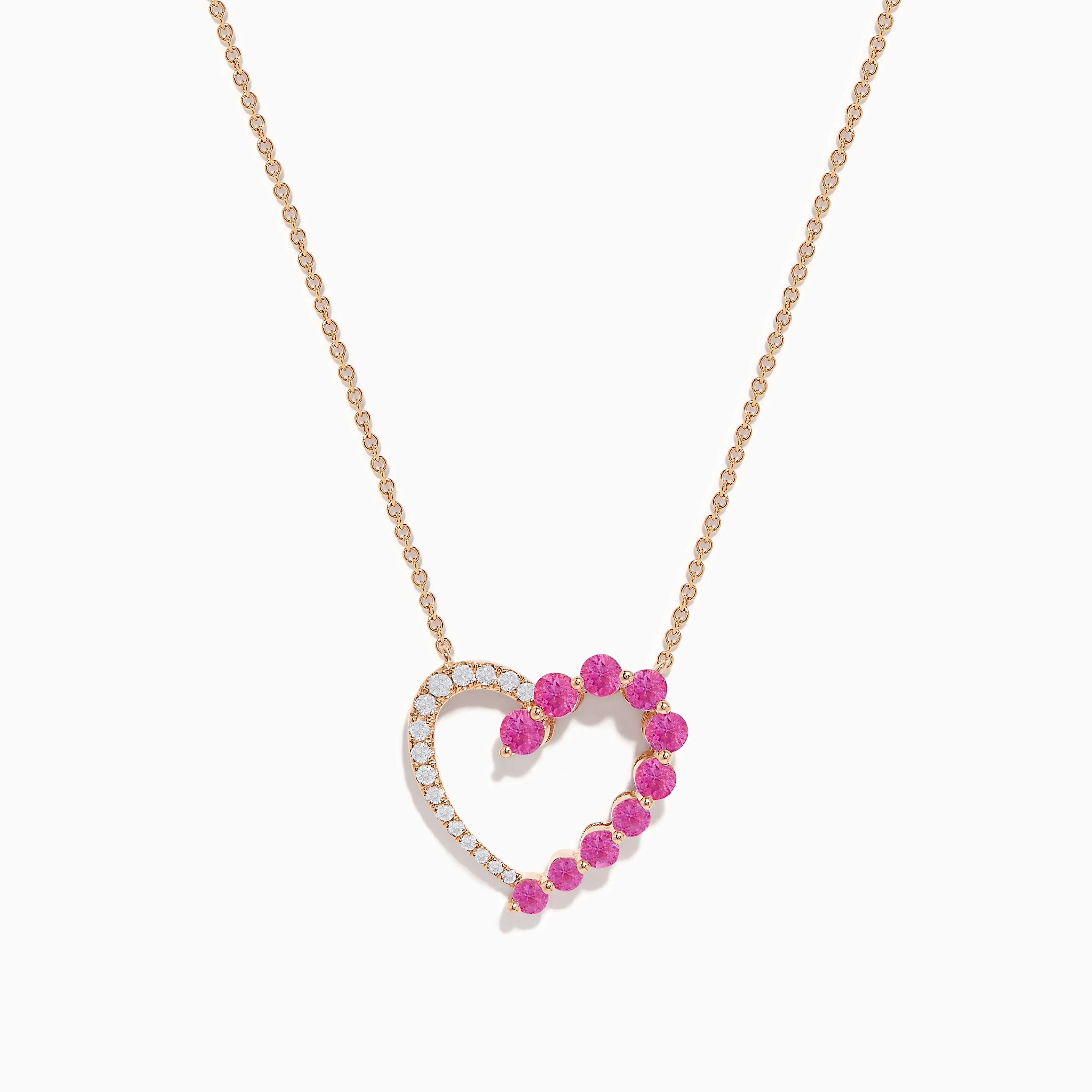 14K Rose Gold Pink Sapphire and Diamond Open Heart Necklace