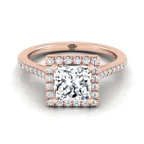 14K Rose Gold Princess Cut Classic French Pave Halo and Linear Engagement Ring -1/4ctw