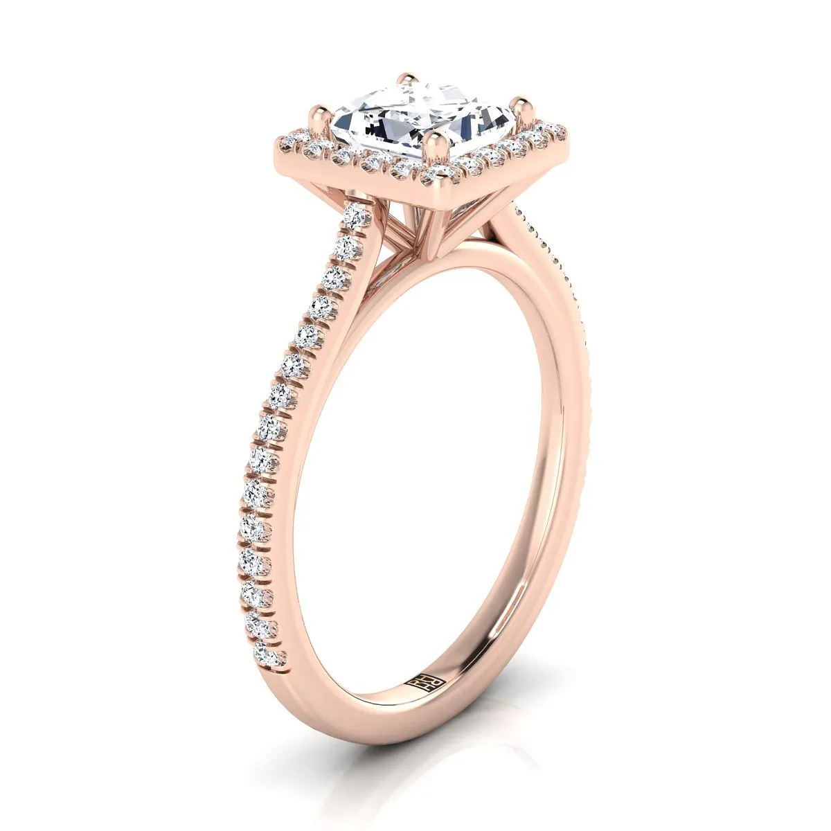 14K Rose Gold Princess Cut Classic French Pave Halo and Linear Engagement Ring -1/4ctw