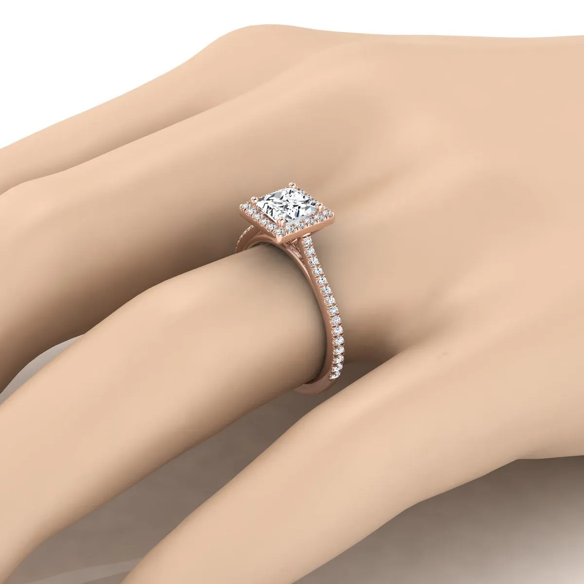 14K Rose Gold Princess Cut Classic French Pave Halo and Linear Engagement Ring -1/4ctw