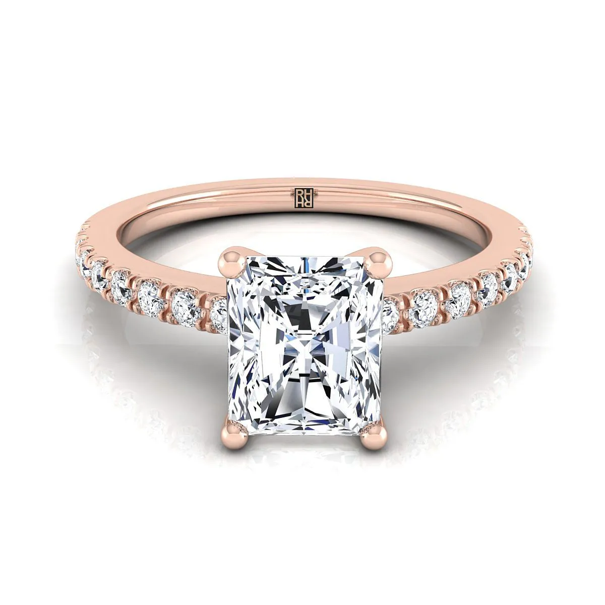 14K Rose Gold Radiant Cut Center Simple Linear Diamond Pave Engagement Ring -1/5ctw