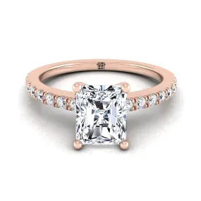 14K Rose Gold Radiant Cut Center Simple Linear Diamond Pave Engagement Ring -1/5ctw