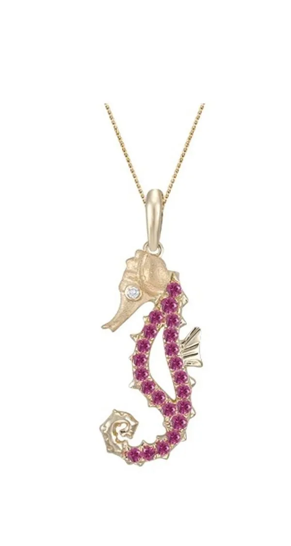 14k Single Sea Horse Pendant with Diamond and 22 Hot Pink Sapphires