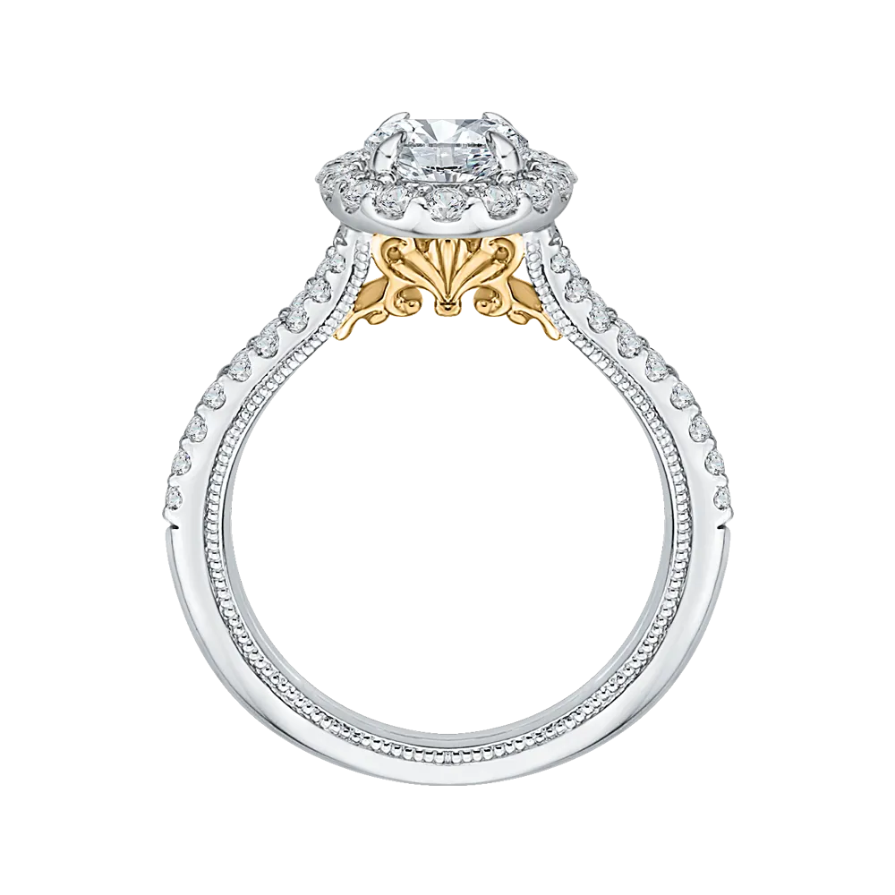 14K Two Tone Gold Oval Diamond Halo Vintage Engagement Ring with Split Shank (Semi Mount)