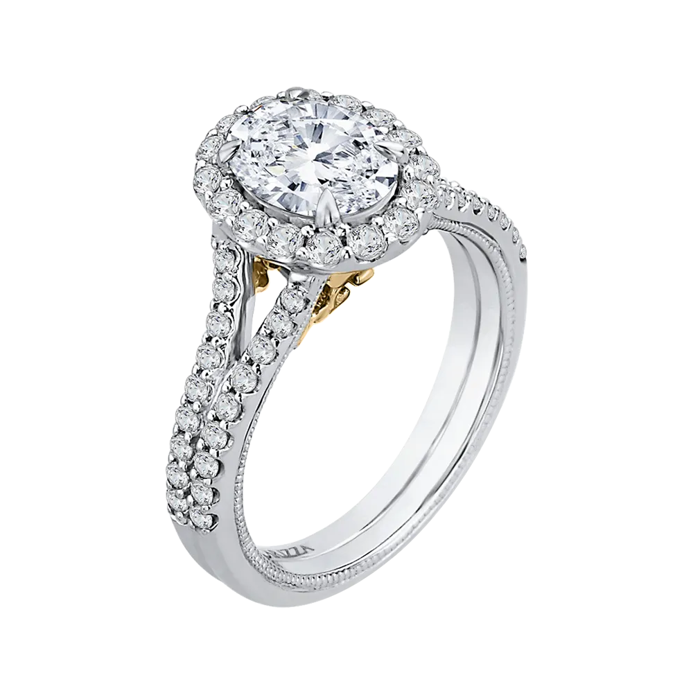 14K Two Tone Gold Oval Diamond Halo Vintage Engagement Ring with Split Shank (Semi Mount)