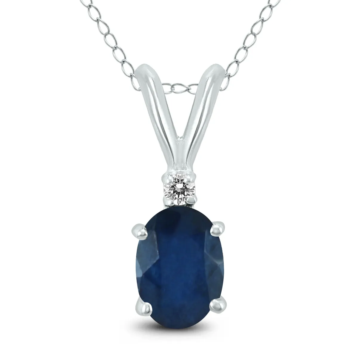 14K White Gold 6X4Mm Oval Sapphire And Diamond Pendant