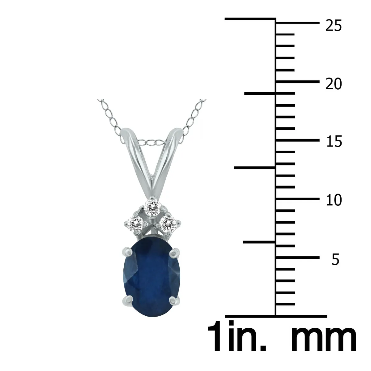 14K White Gold 6X4Mm Oval Sapphire And Three Stone Diamond Pendant