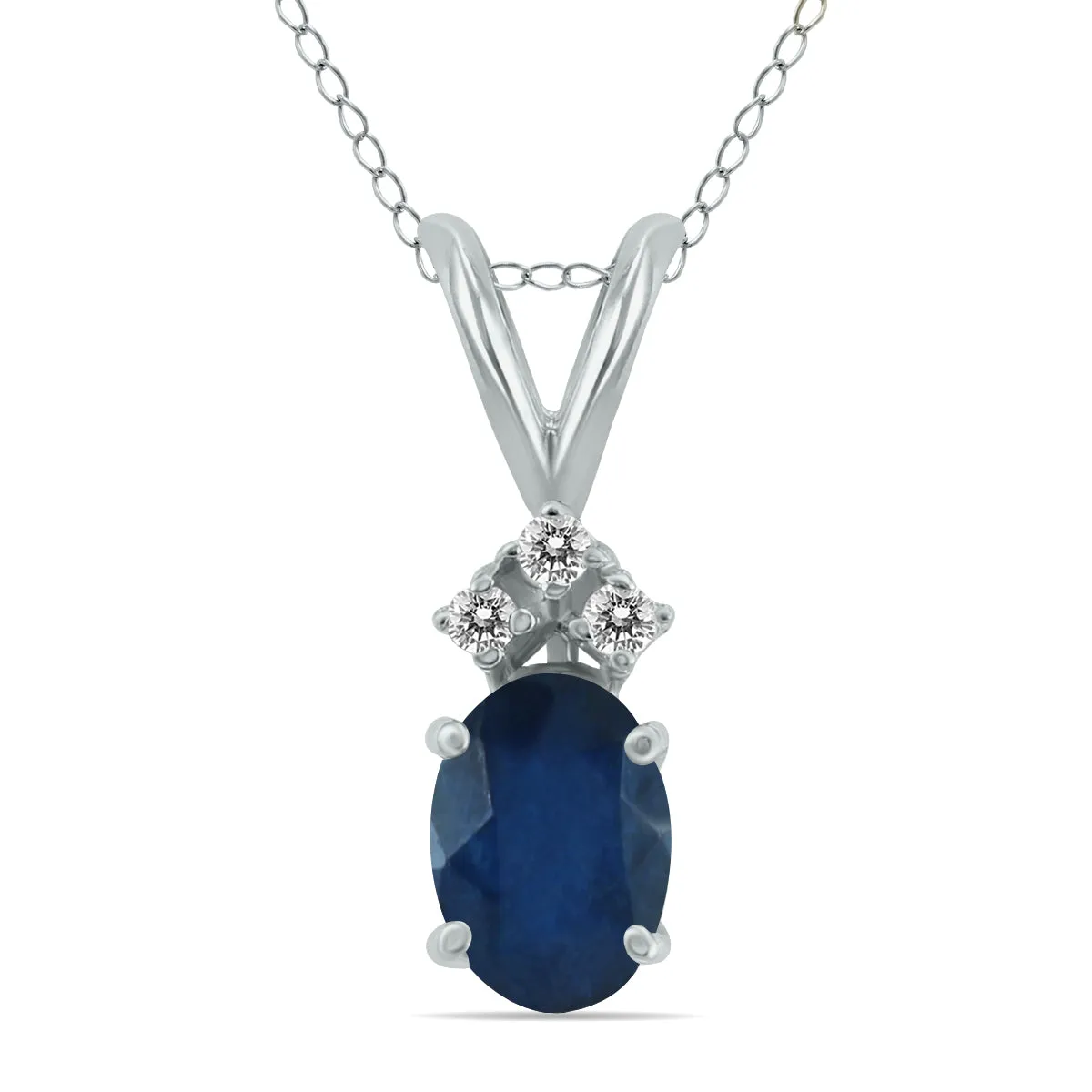 14K White Gold 6X4Mm Oval Sapphire And Three Stone Diamond Pendant