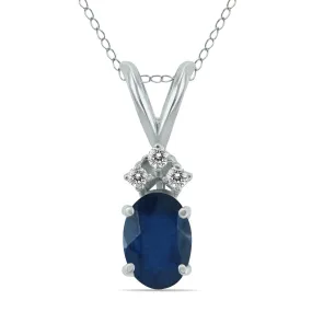 14K White Gold 6X4Mm Oval Sapphire And Three Stone Diamond Pendant