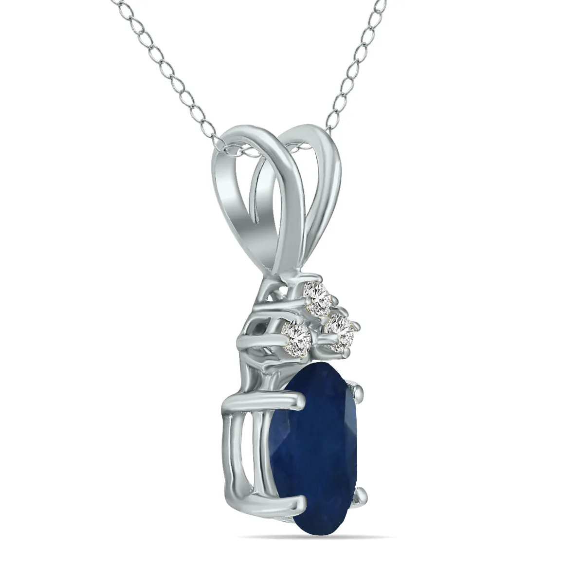 14K White Gold 6X4Mm Oval Sapphire And Three Stone Diamond Pendant