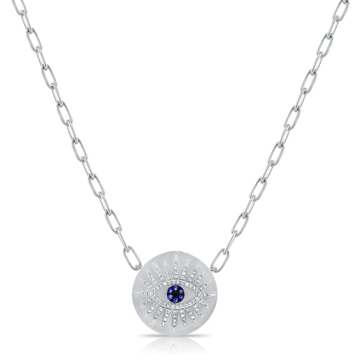 14K White Gold Diamond   Blue Sapphire Evil Eye Necklace