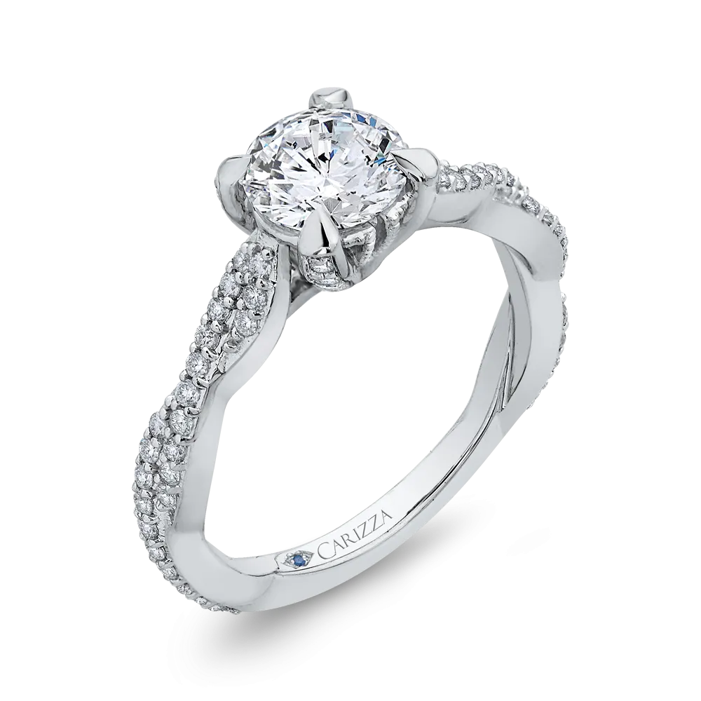 14K White Gold Round Diamond Floral Engagement Ring with Criss Cross Shank (Semi Mount)