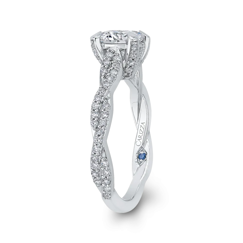 14K White Gold Round Diamond Floral Engagement Ring with Criss Cross Shank (Semi Mount)