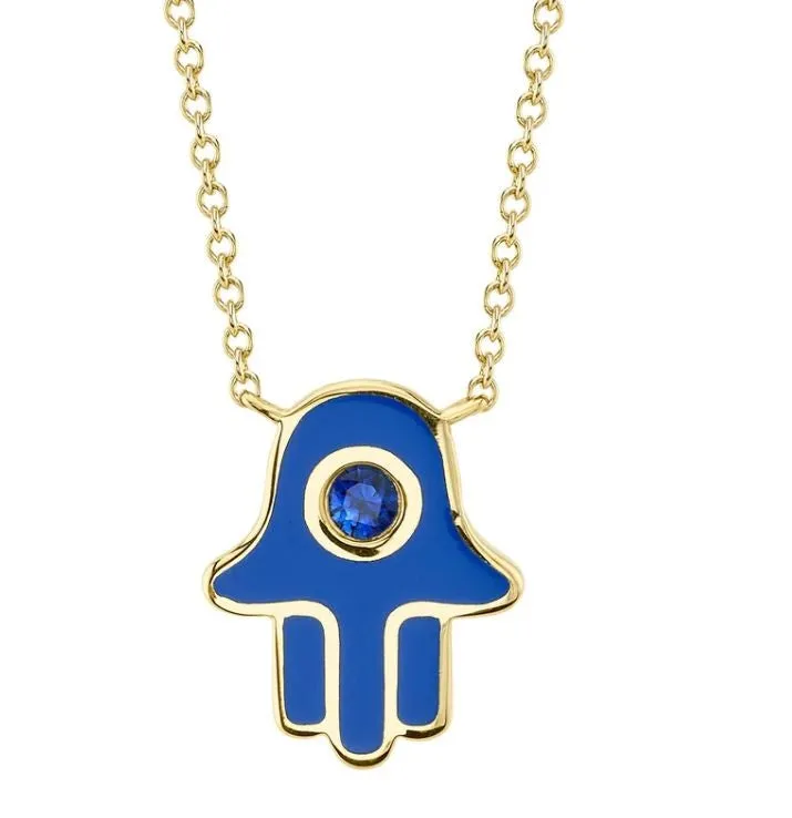 14K Yellow Blue Sapphire & Blue Enamel Hand Of God Necklace