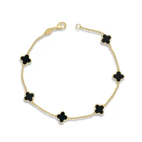 14K Yellow Gold 7" Clover Station Style Bracelet Featuring Onyx