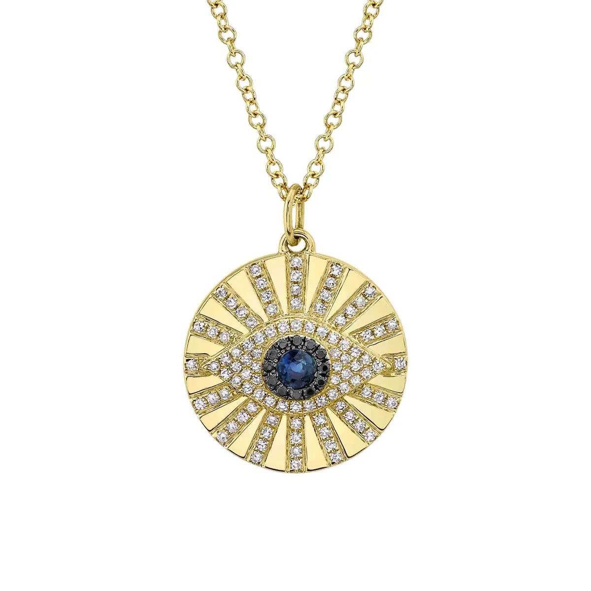 14K Yellow Gold Black and White Diamond and Blue Sapphire Evil Eye Necklace