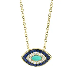 14K Yellow Gold Blue Sapphire, Composite Turquoise & Diamond Evil Eye Necklace