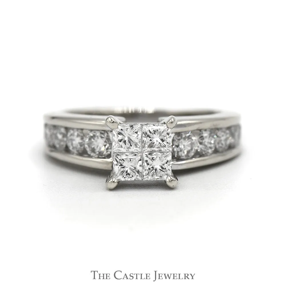 1.5cttw Invisi-set Diamond Cluster Engagement Ring with Channel Set Diamond Accents in 14k White Gold