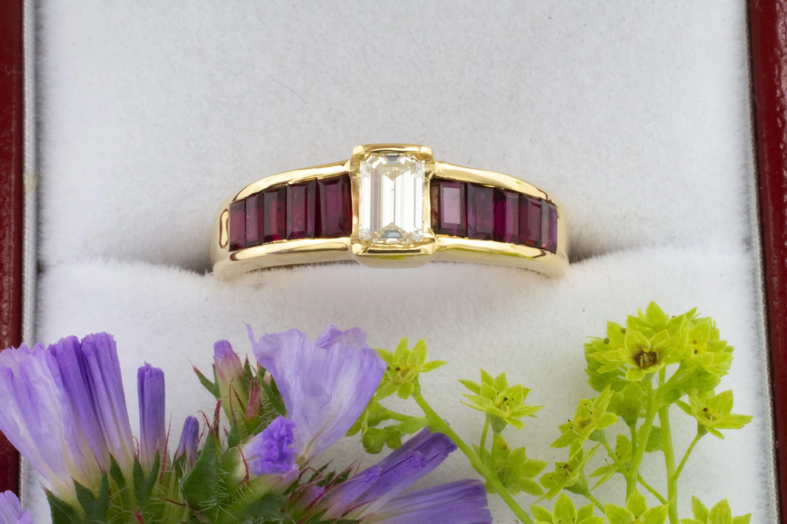 18 carat gold baguette ruby and diamond ring