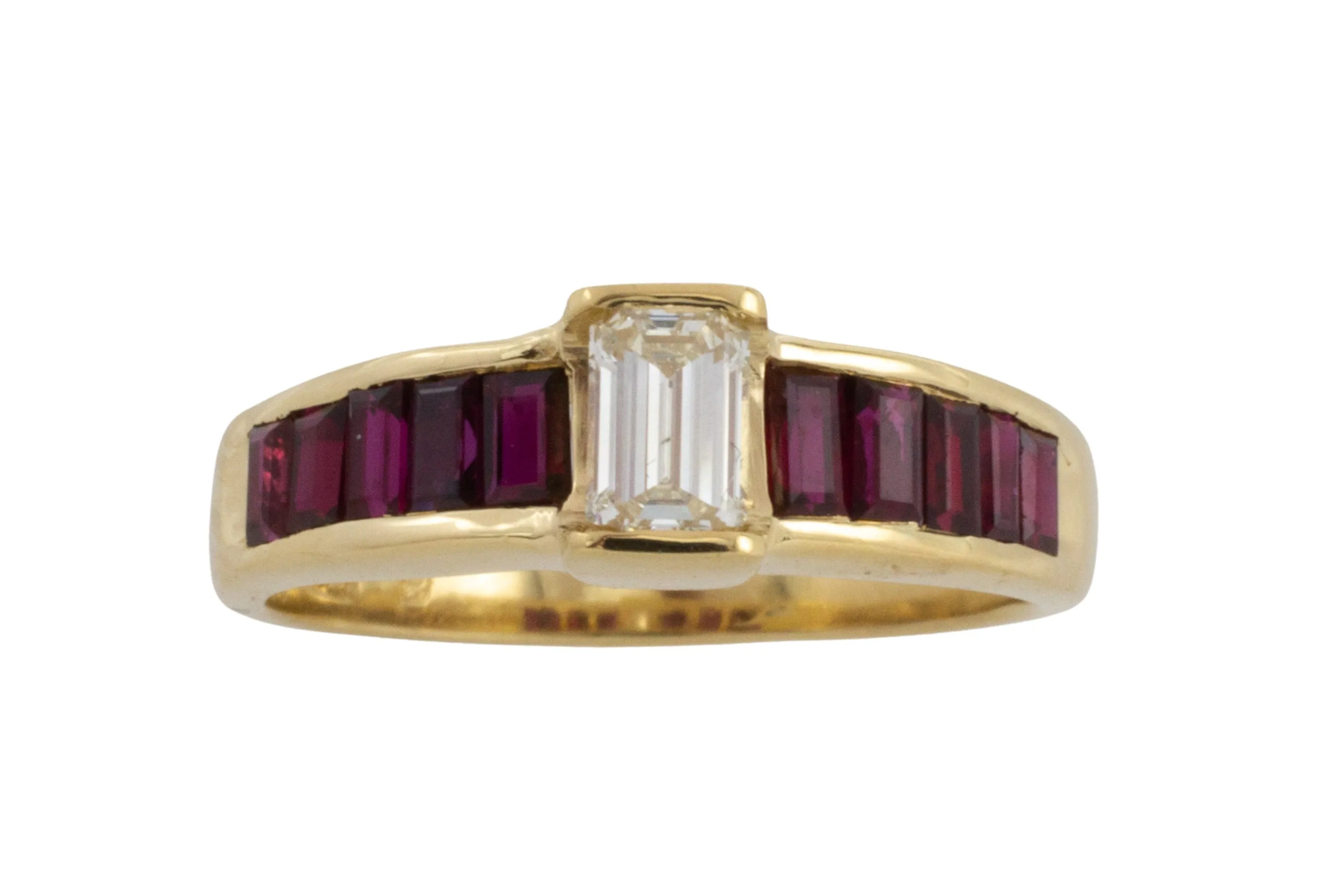 18 carat gold baguette ruby and diamond ring