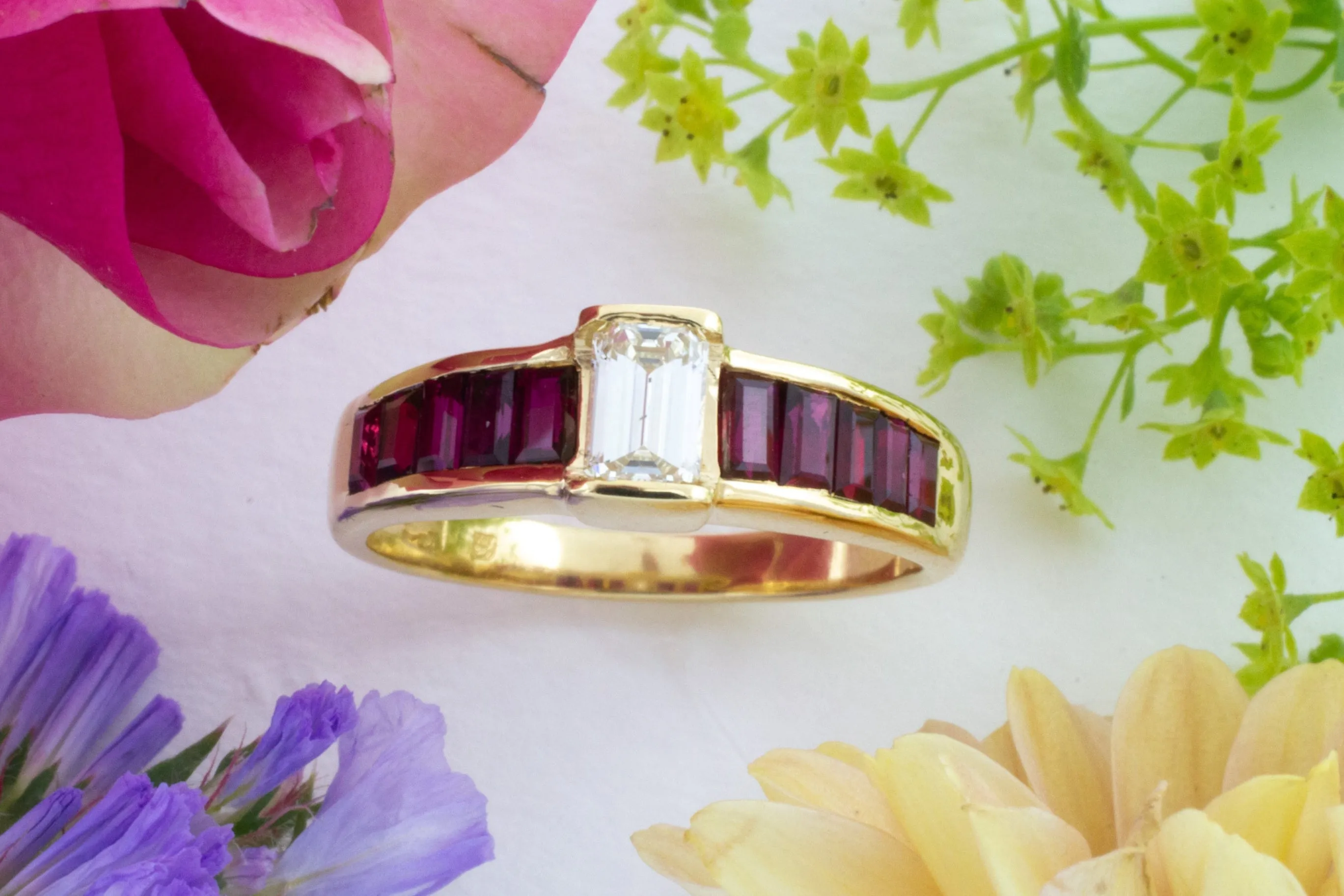 18 carat gold baguette ruby and diamond ring