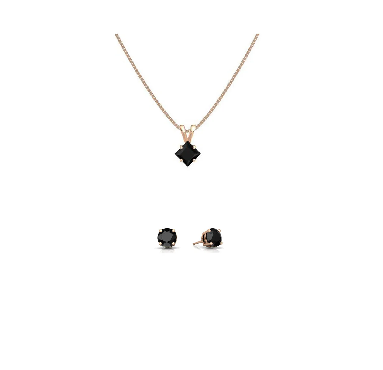 18K Rose Gold 1/2ct Black Sapphire Square 18 Inch Necklace and Round Earrings Set Plated