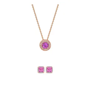 18K Rose Gold 1ct Halo Pink Sapphire Round 18 Inch Necklace and HaloSquare Earrings Set Plated