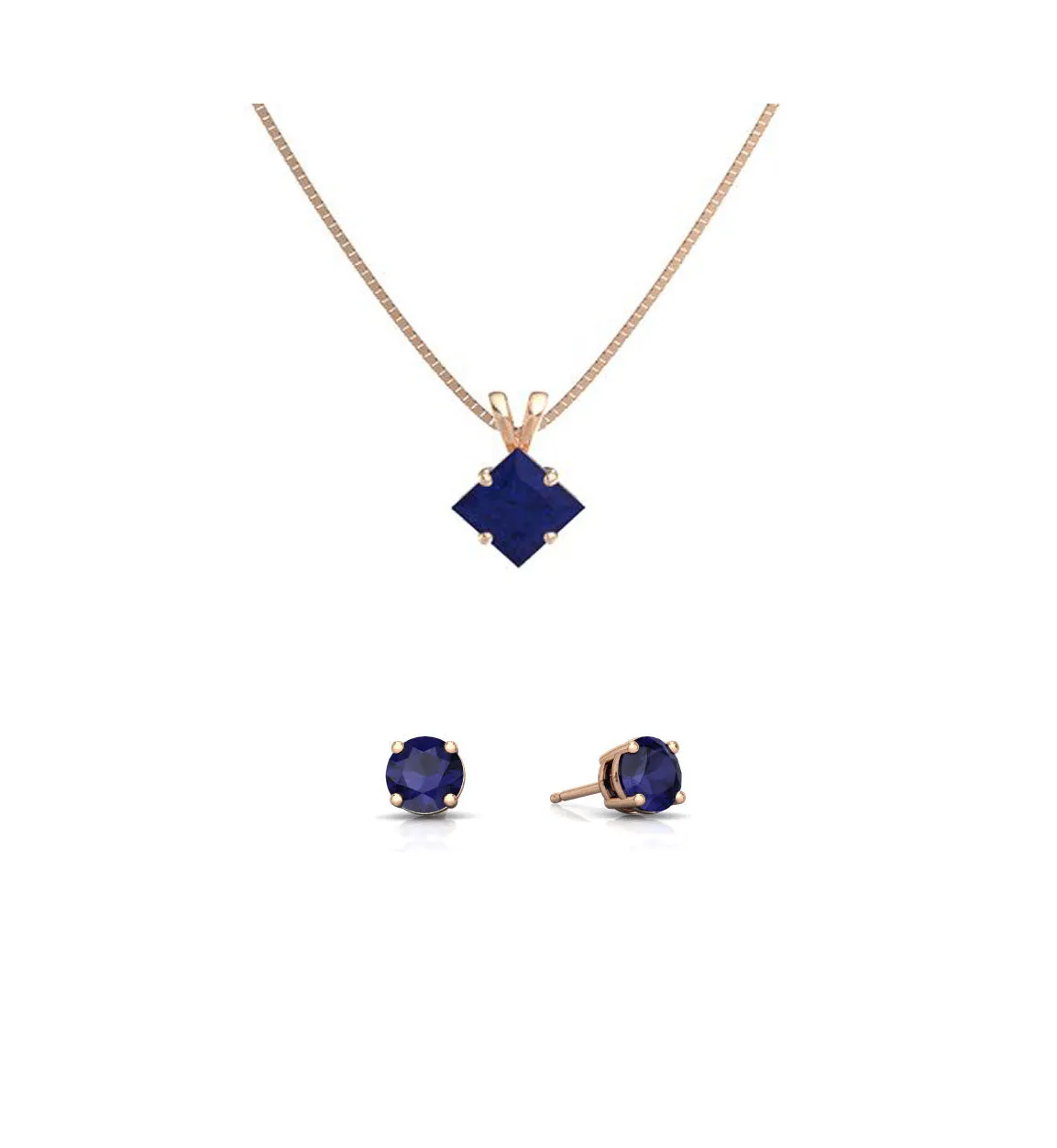 18K Rose Gold 3ct Blue Sapphire Princess Cut 18 Inch Necklace and Round Earrings Set Plated