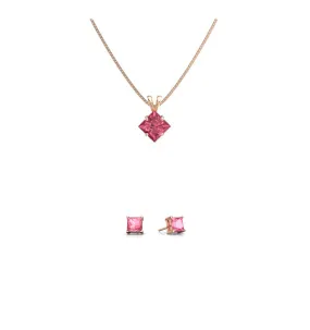 18K Rose Gold 4ct Pink sapphire Square 18 Inch Necklace and Earrings Set Plated