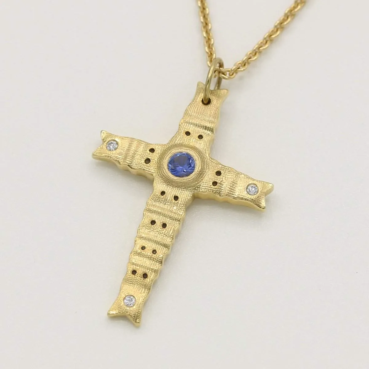 18K Spring Cross Sapphire & Diamond Pendant Necklace - M-103